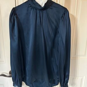 Veronica Beard Blue Puff Sleeve Blouse with Mandarin Collar with bow in the back